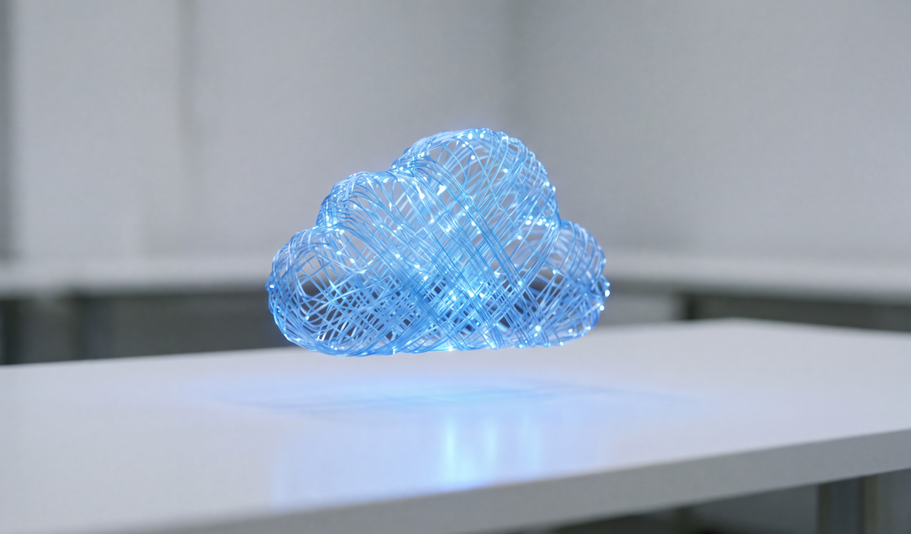 Cloud Computing Nuvola digitale luminosa su un tavolo da ufficio moderno, simbolo dei servizi di Cloud e Infrastruttura Gestita di Sigemi HSC.