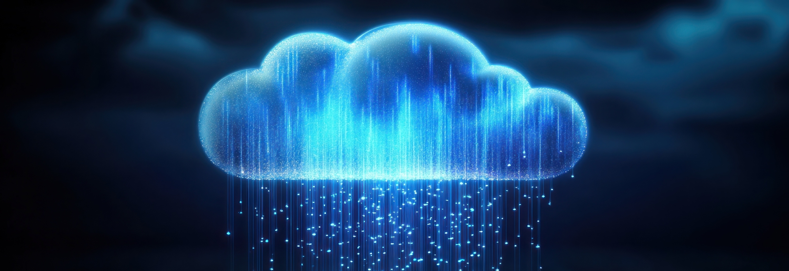 Nuvola digitale luminosa con flussi e particelle di dati verticali, simbolo del Cloud Sovrano e della protezione della Sovranità Digitale.