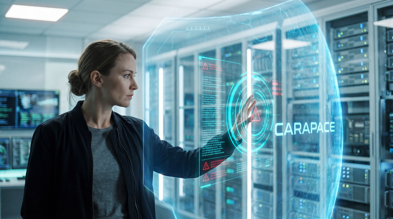 Tecnico IT di Sigemi HSC in un datacenter mentre analizza lo stato della sicurezza server tramite l'interfaccia olografica di Carapace.Network, la piattaforma di cybersecurity gestita per la protezione degli endpoint e la conformità NIS2.