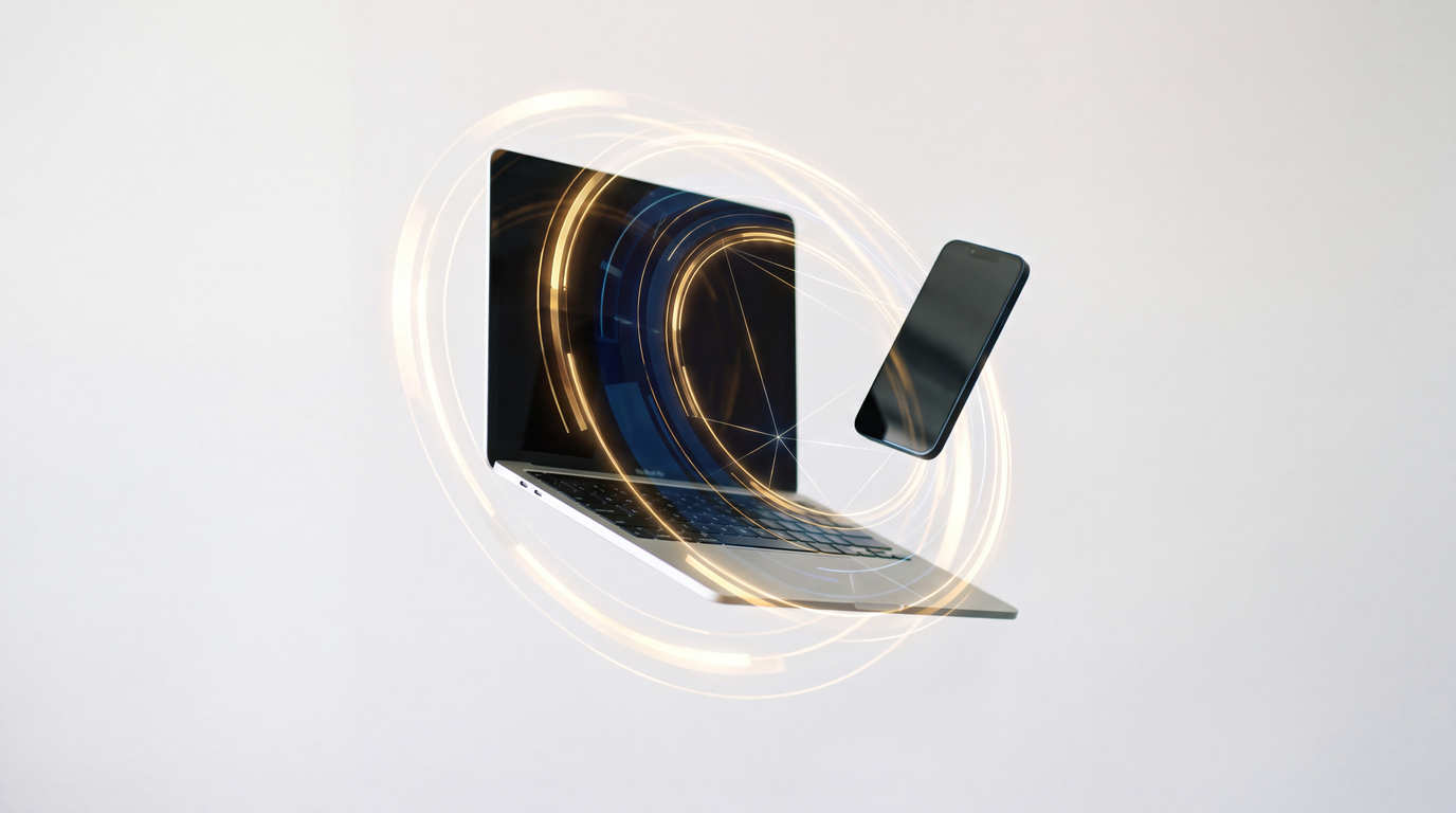 Modern Workplace Rappresentazione concettuale di dispositivi aziendali connessi da flussi di dati luminosi, associata ai servizi Hardware as a Service (HaaS), sicurezza degli endpoint e suite di collaborazione Microsoft 365 e Google Workspace di Sigemi HSC.
