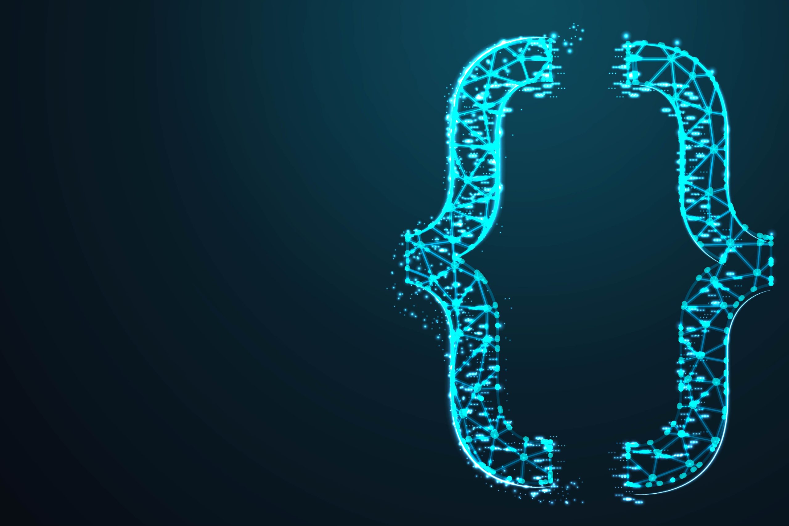 Rappresentazione grafica di parentesi graffe di programmazione con nodi di rete digitali, simbolo del codice e della Developer Experience. Un'immagine concettuale di come un'Internal Developer Platform (IDP) e il Platform Engineering semplificano la gestione del software e l'automazione infrastrutturale aziendale.