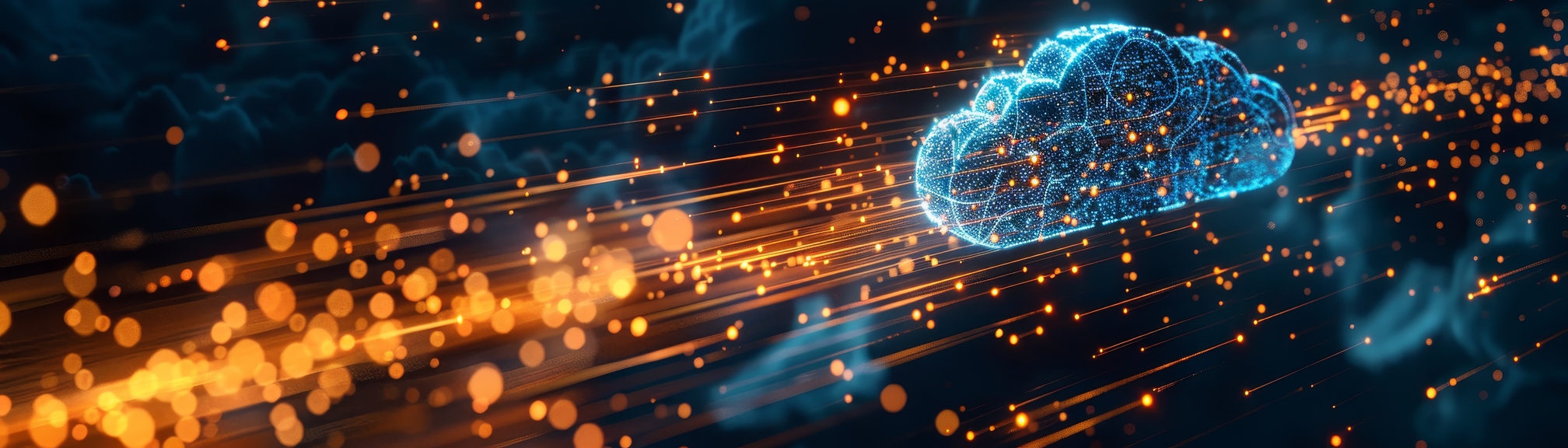 Concetto di cloud computing e trasferimento dati ad alta velocità con nuvola di punti digitali azzurri e flusso di fibra ottica dorata